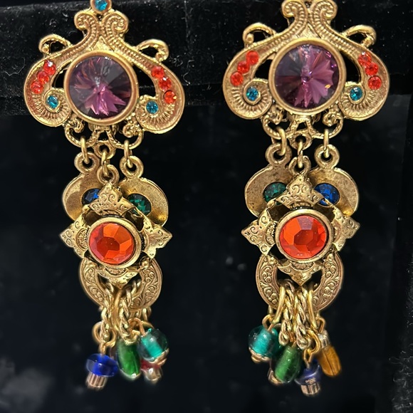 Vintage Designer Antiqued Gold with Jewel Tone Crystals Earrings-Boutique - Picture 2 of 8